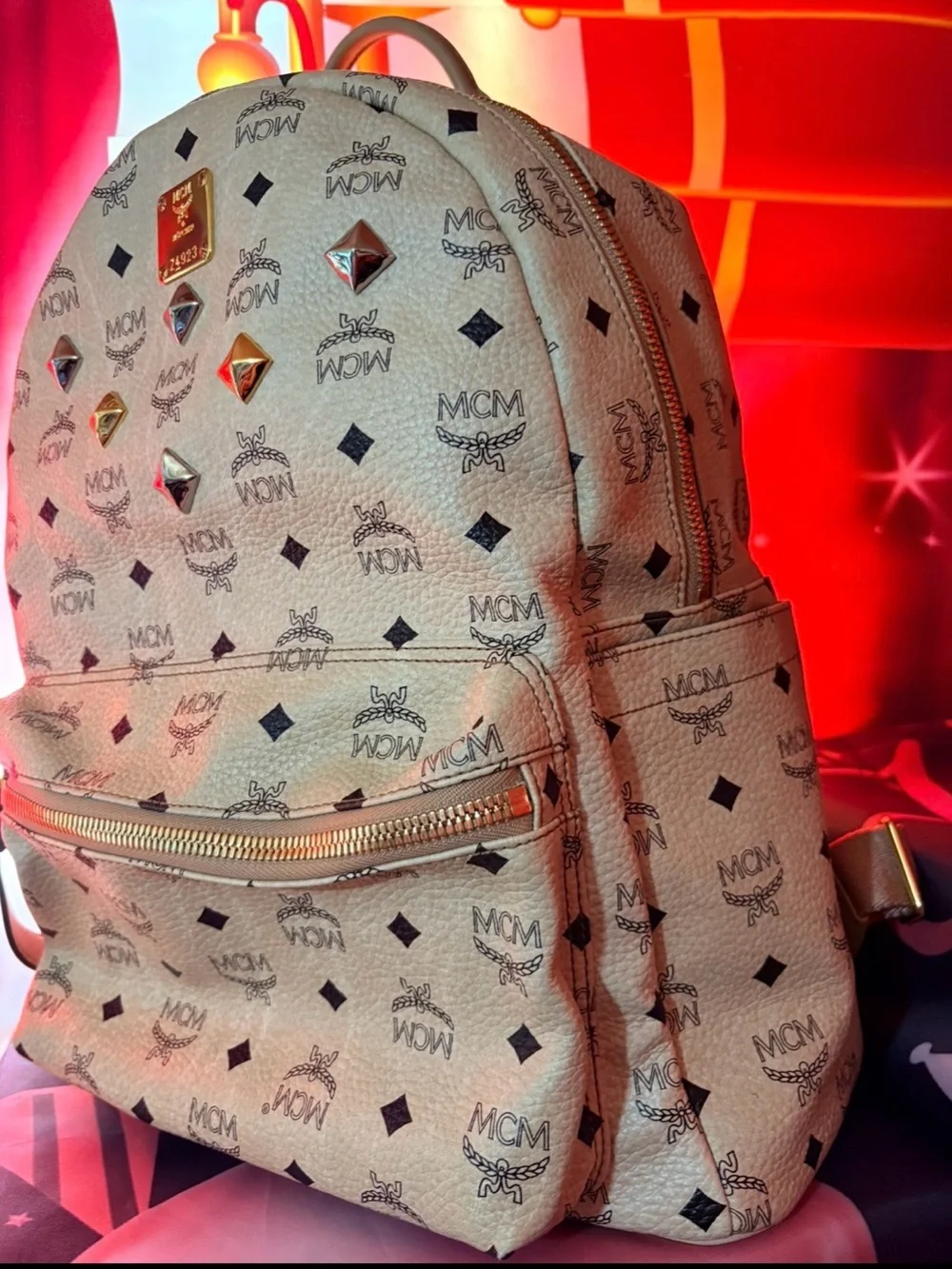 MCM Beige Visetos Logo Studded Backpack with Gold Plaque